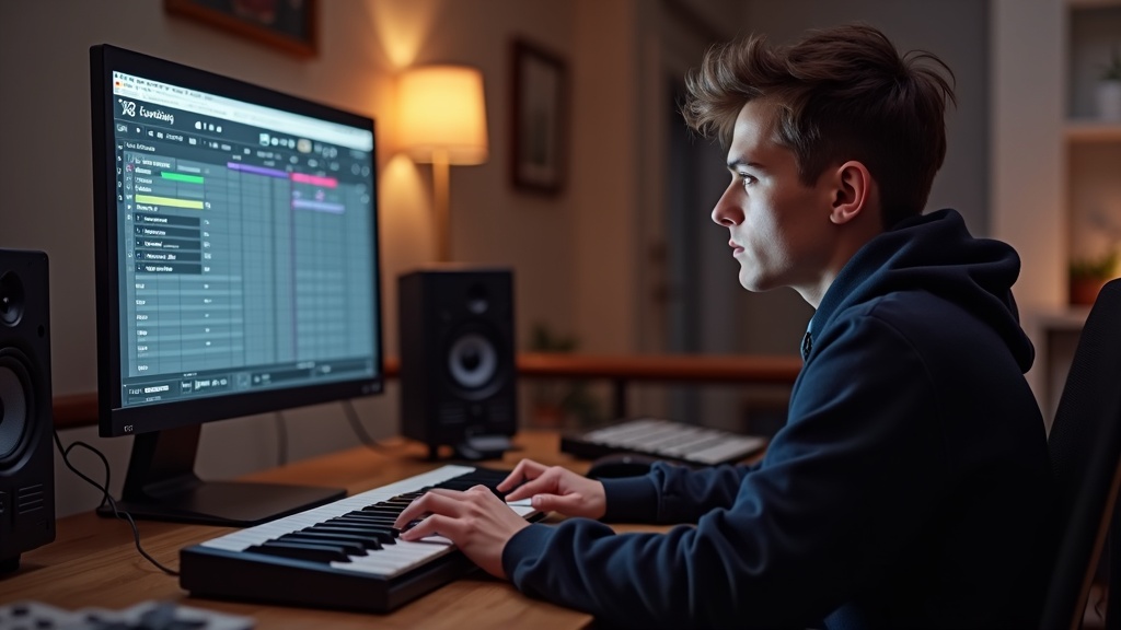 DTM初心者がMIDIキーボードを演奏しながらDAWで音楽制作している様子