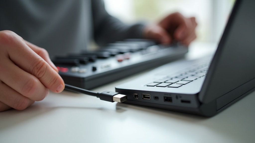 MIDIキーボードのUSB-CケーブルをPCに接続しているセットアップの手順