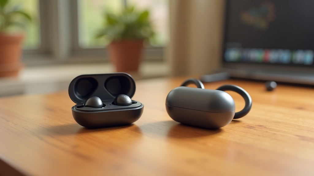 完全ワイヤレスイヤホン(TWS)と首掛け型ネックバンドイヤホンを並べた形状比較