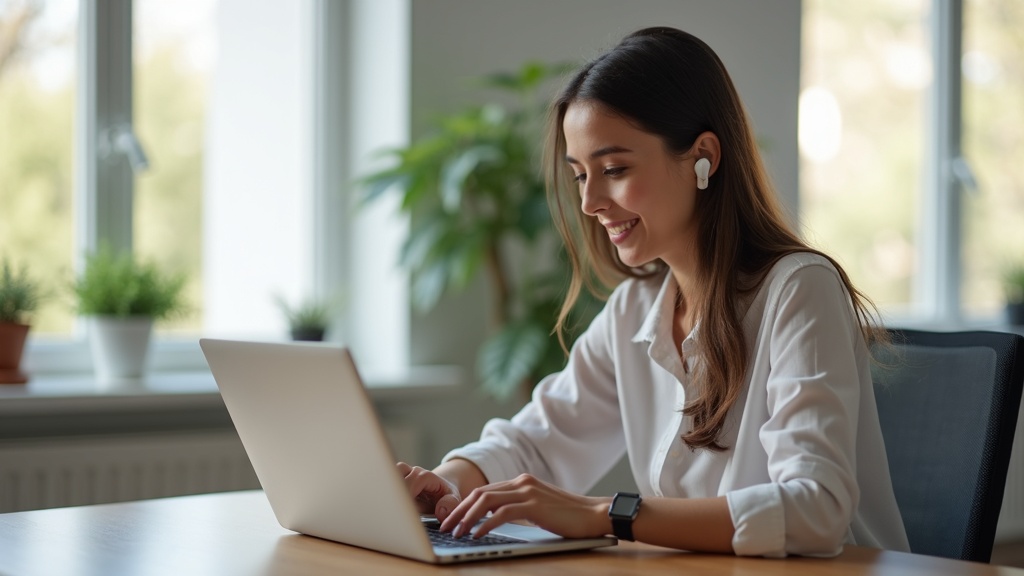 ワイヤレスイヤホンを装着してテレワーク・Web会議中の人物、在宅ワークでの用途別活用シーン