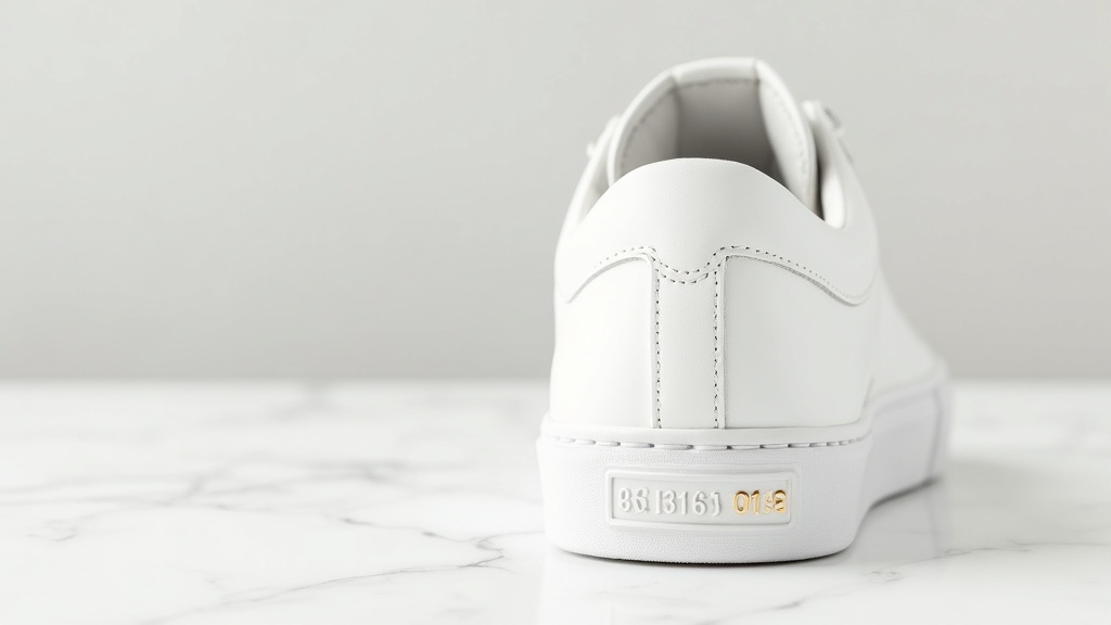 イタリア製フルグレインカーフレザーの白いミニマルスニーカー｜かかとのゴールドスタンプと精巧な縫製が特徴