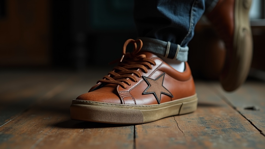 ヴィンテージ加工レザースニーカーをデニムに合わせた足元コーデ｜星型パッチとスクラッチ加工ソールが特徴