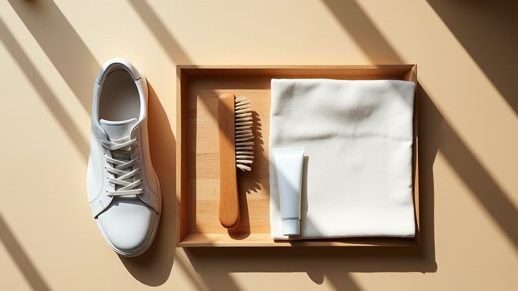 レザースニーカーのケア道具一式｜馬毛ブラシ・乳化性クリーム・クロスを使った手入れセットのフラットレイ