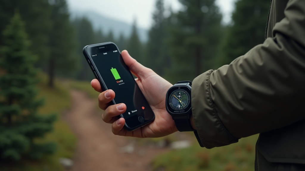 バッテリー切れのスマートフォンとGPS地図を表示するアウトドアウォッチの比較