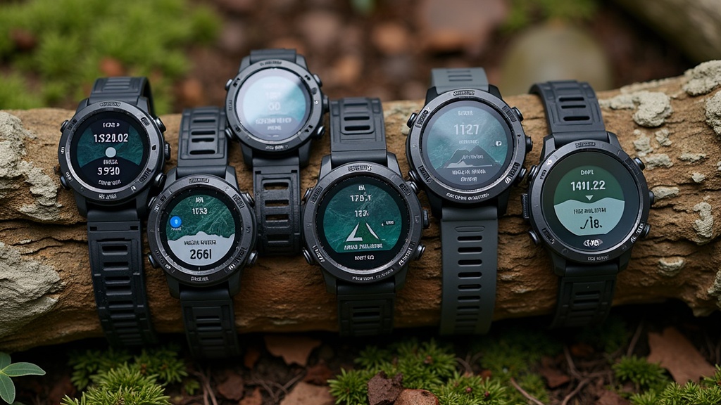 登山向けGPSウォッチ6モデルを並べた比較フラットレイ写真
