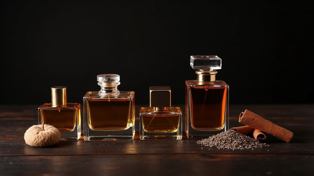 ウッディ系・オリエンタル系・フゼア系など複数の香水ボトルと香料素材の比較