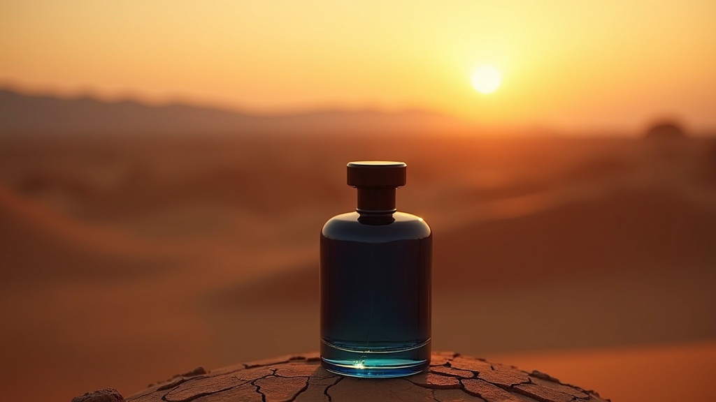 荒野の大地に置かれたダークブルーの香水ボトル、野性的な男らしさを表現