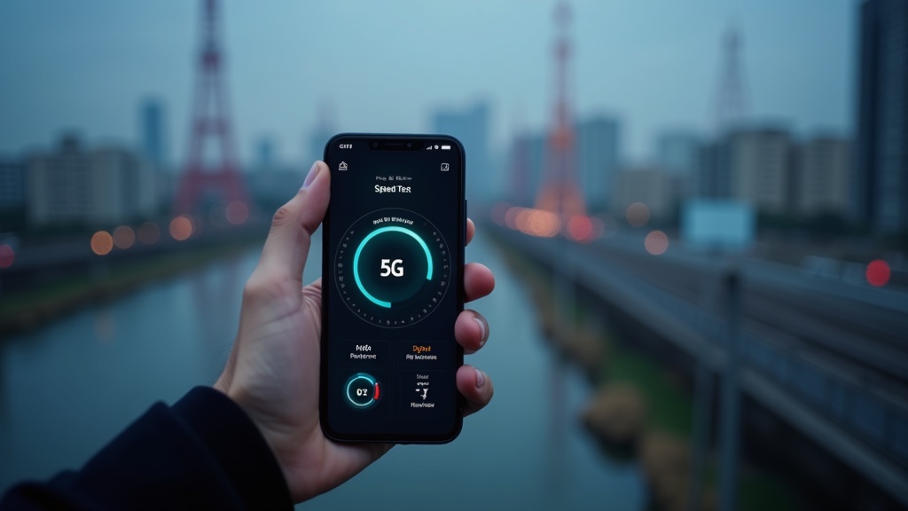 スマートフォンで5G通信速度を計測している場面