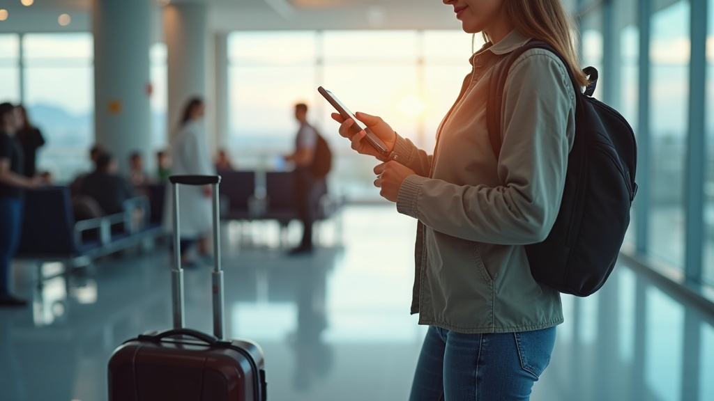 空港でポケットWiFiを使いながらスマートフォンを操作する旅行者