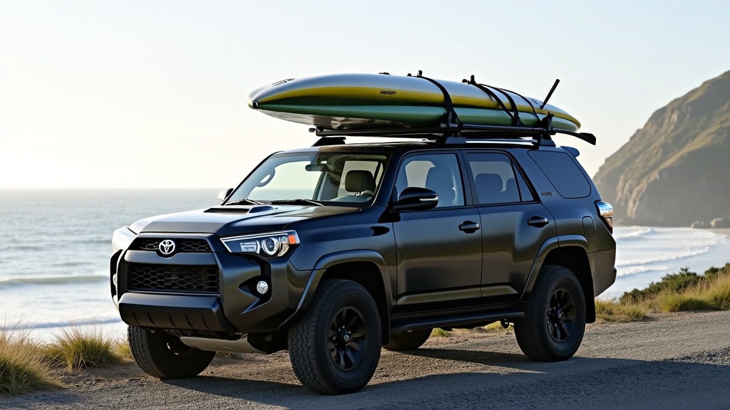 SUVのフラットルーフキャリアにサーフボードを固定したアウトドア活用シーン