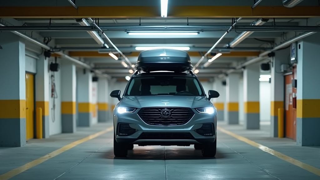 立体駐車場の車高制限バーとルーフボックス装着車の車高確認シーン