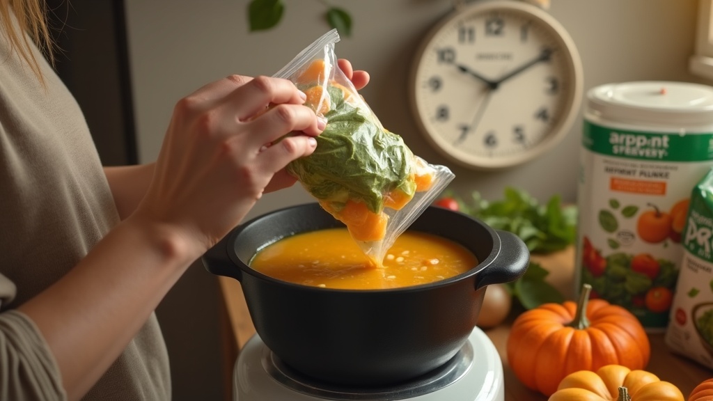 冷凍野菜をそのままスープメーカーに入れる時短調理の手元