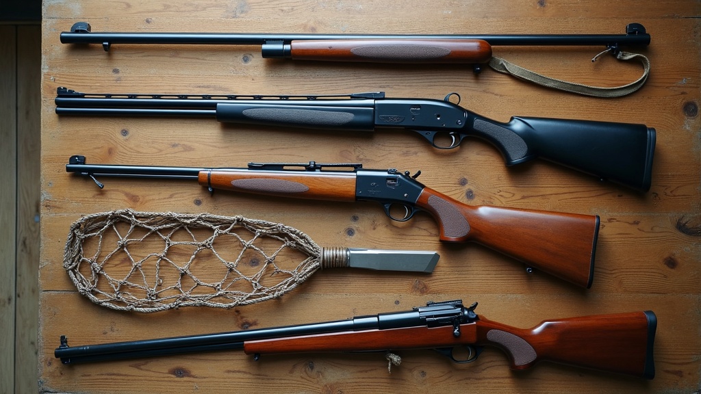 4種類の狩猟免許に対応する猟具（散弾銃・空気銃・くくりわな・網）の比較展示