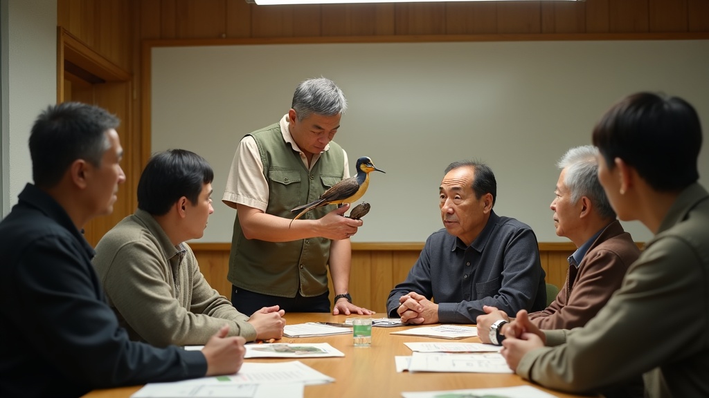 猟友会の狩猟免許予備講習会｜講師が鳥獣標本を使って受講者に解説する様子