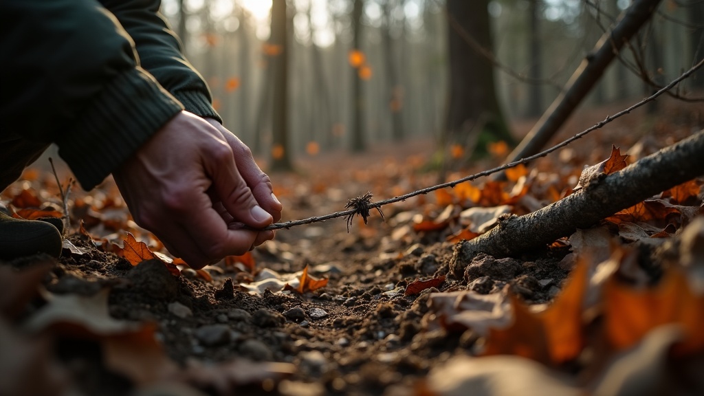 秋の山林の獣道でくくり罠を設置する猟師の手元