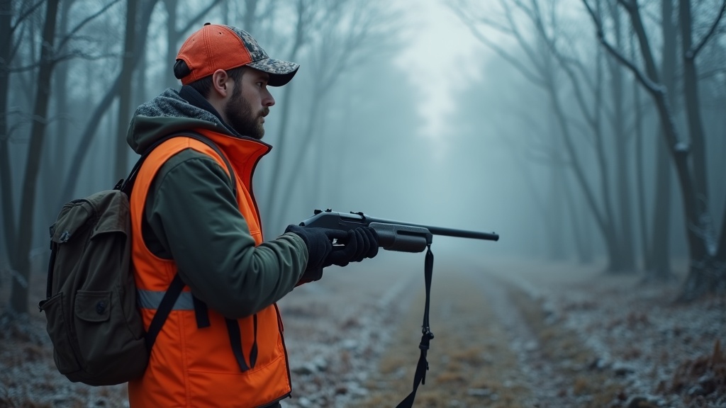 冬の雑木林の林縁でオレンジベスト姿の猟師が散弾銃を構える横姿