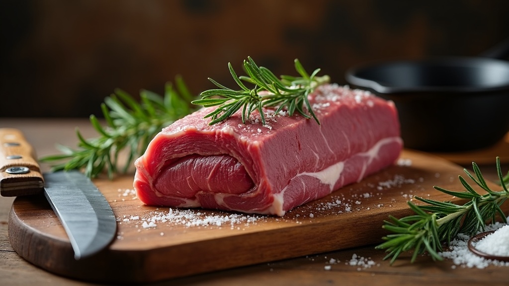 木製まな板に置かれた鹿肉とシェフナイフ・ローズマリーのジビエ料理準備風景