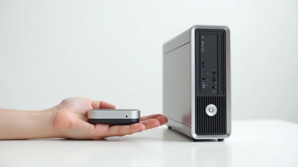 ミニPCとタワー型デスクトップPCのサイズを比較した俯瞰写真