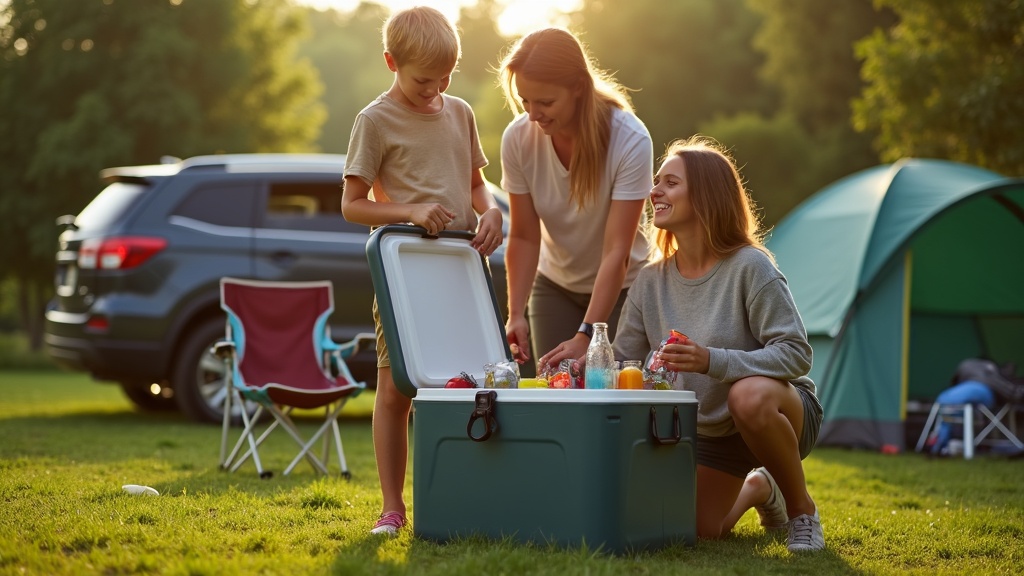 ファミリーキャンプで大容量クーラーボックスを使う家族のシーン