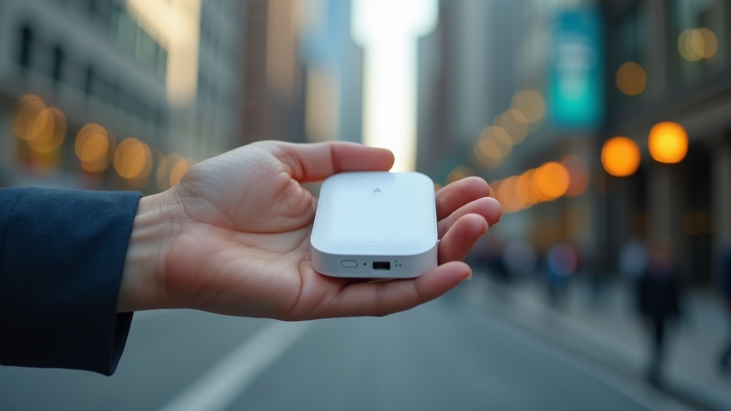 都市の街並みを背景に手のひらに乗るポケットWi-Fiルーターを持つ手元のクローズアップ