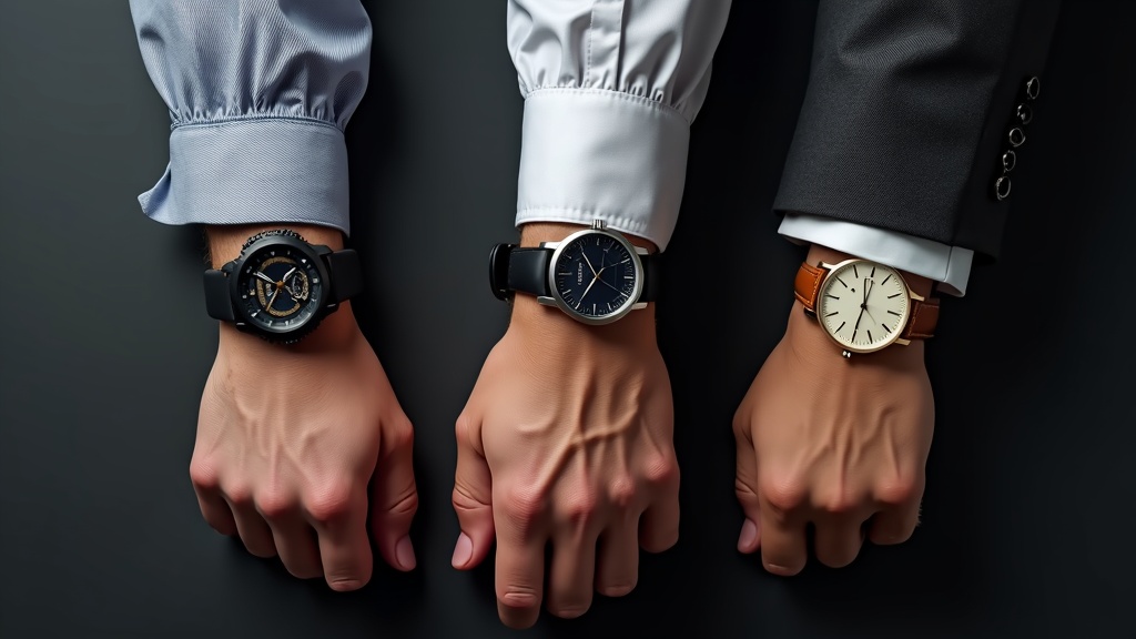 カジュアル・ビジネス・フォーマルと相手別に異なるスタイルの腕時計を比較したイメージ