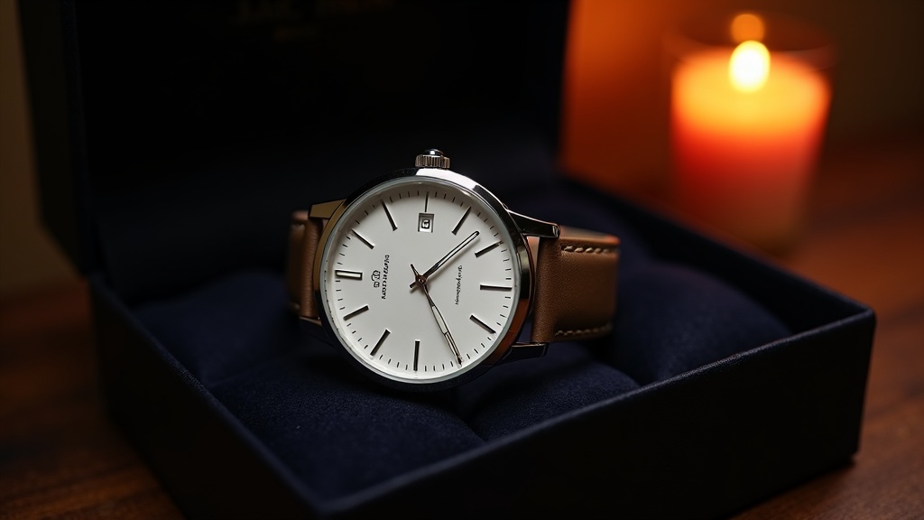 記念日の贈り物として高級ドレスウォッチをベルベットのギフトボックスに収めたシーン