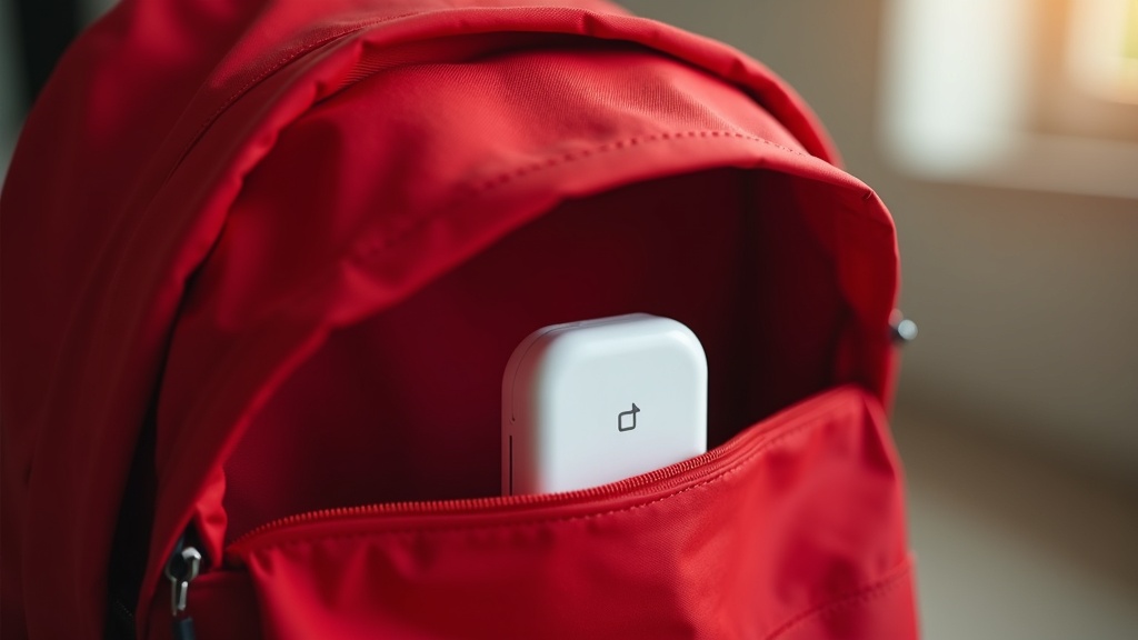 小型GPS見守り端末をランドセルのポケットに収納している様子