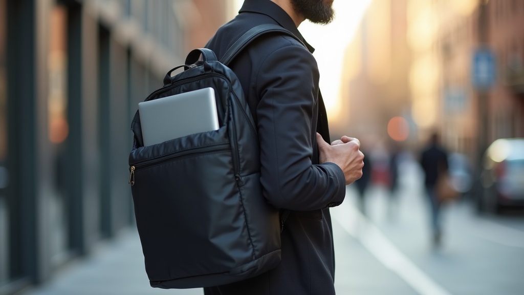 軽量ノートPCを収納したリュックを肩に掛けて通勤するビジネスパーソンのサイドビュー