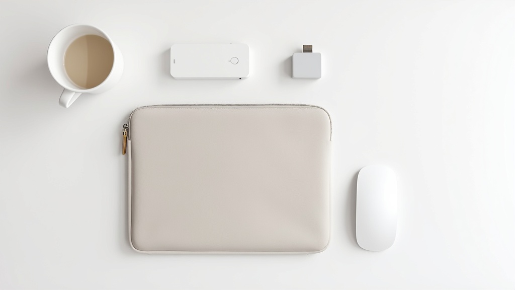 軽量ノートPC向けのスリムスリーブケース・USB-Cハブ・ワイヤレスマウスを並べたアクセサリー一覧のフラットレイ
