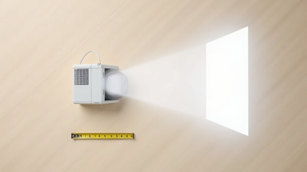 プロジェクターの短い投影距離とスクリーンサイズの関係を示すフラットレイ構図