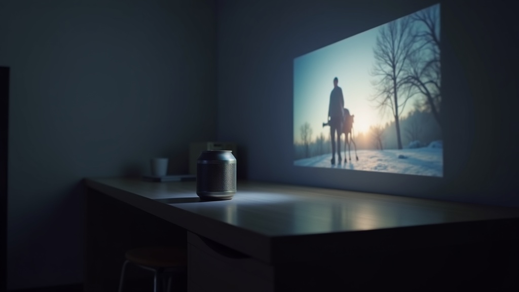 缶サイズの超小型プロジェクターが近距離の壁に大画面を投影している室内シーン