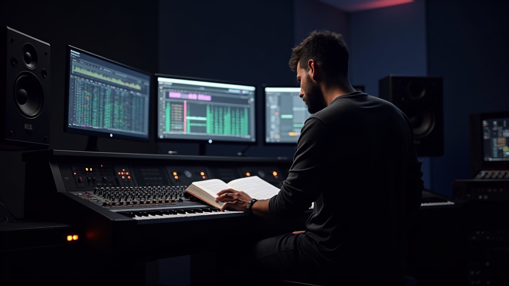 ミキシングコンソールの前で書籍を参照しながら音楽制作するエンジニアのスタジオ写真
