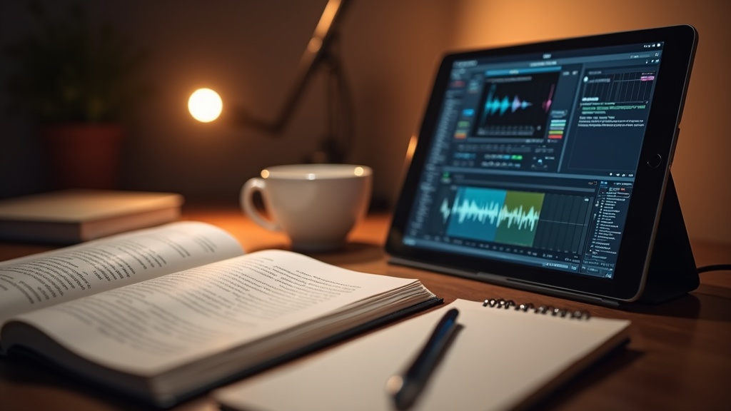 DTM書籍とタブレットのYouTubeチュートリアルを並べて学習するデスク環境の写真