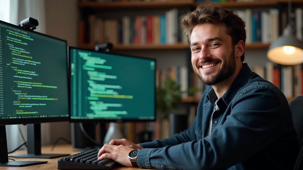 デュアルモニター環境でテスト成功を確認しながら効率的に開発するエンジニア