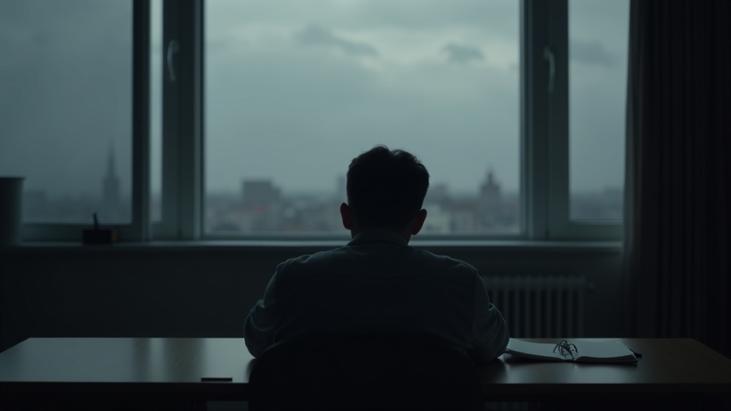 やる気が出ずに考え込む人物の後ろ姿と白紙のノート、モチベーション低下のイメージ