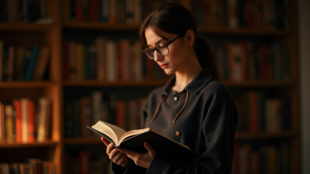 本棚の前で一冊の本を手に取り読む人物、自分に合うやる気の出る本を選ぶ場面