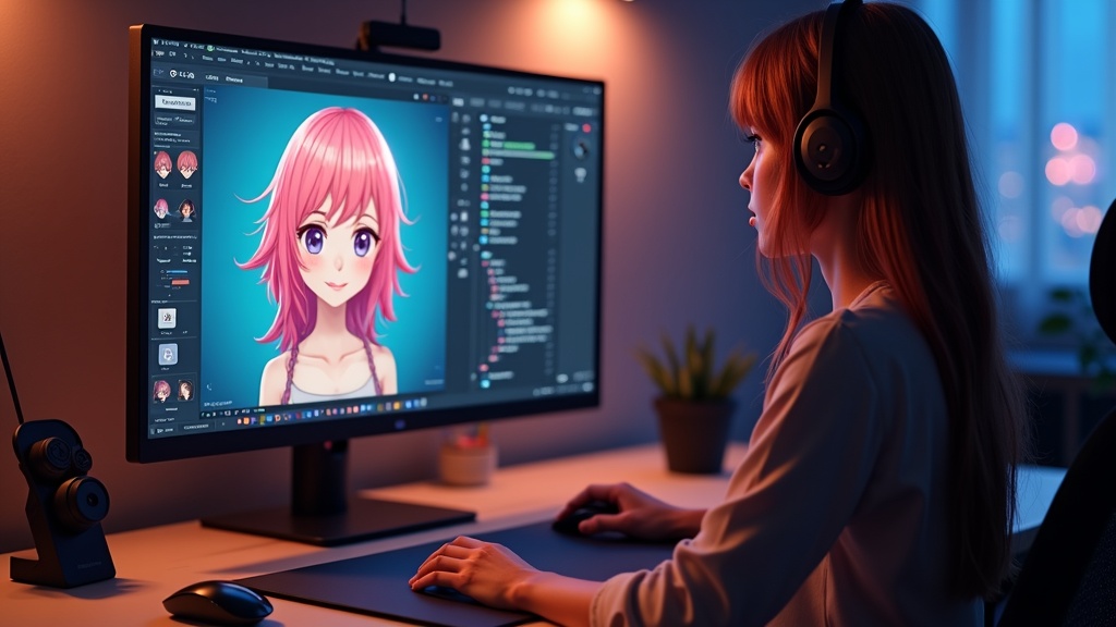 VRoidStudioでスライダーを使いながらアニメ調3Dキャラクターを作成しているクリエイターのデスク環境