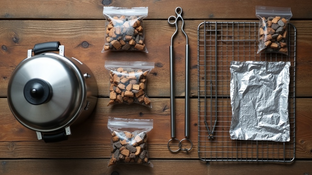 燻製に必要な道具一式（スモーカー・スモークチップ・温度計・トングなど）のフラットレイ