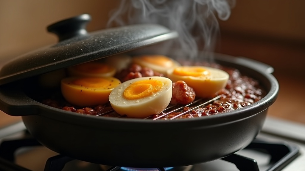 コンロの上のスモーカーで燻製中のゆで卵・チーズ・ソーセージの仕上がり場面