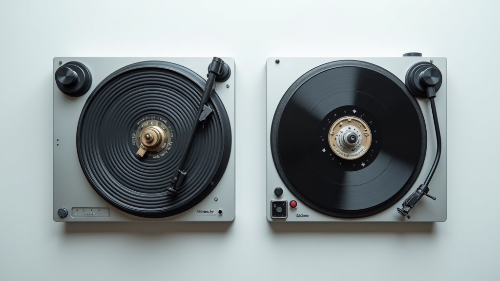 ベルトドライブとダイレクトドライブのレコードプレーヤー内部構造の比較カットモデル