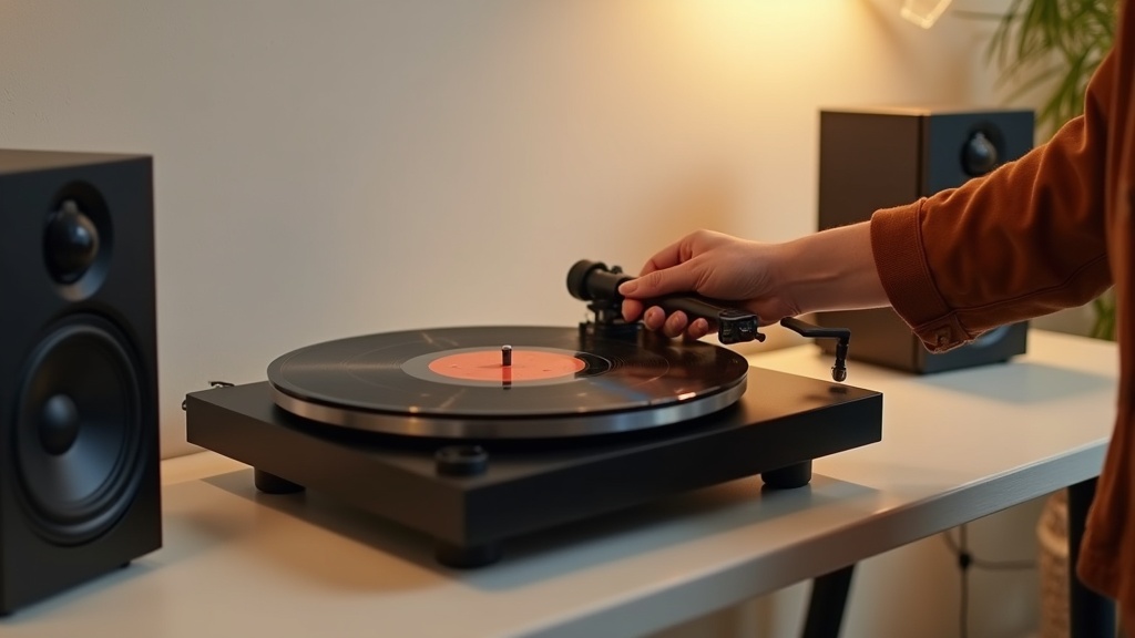 初心者向けエントリーモデルのレコードプレーヤーに針を降ろす手元