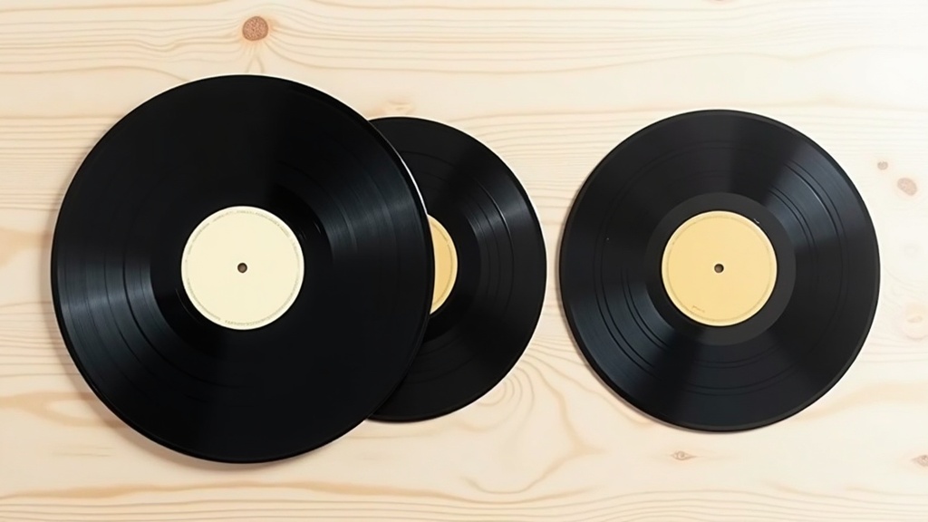 LPとEPなど異なるサイズのアナログレコード盤を並べたフラットレイ比較