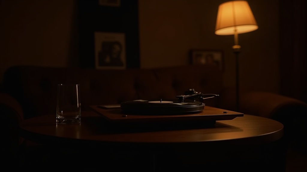 ジャズレコードとターンテーブルが置かれたムーディな試聴部屋