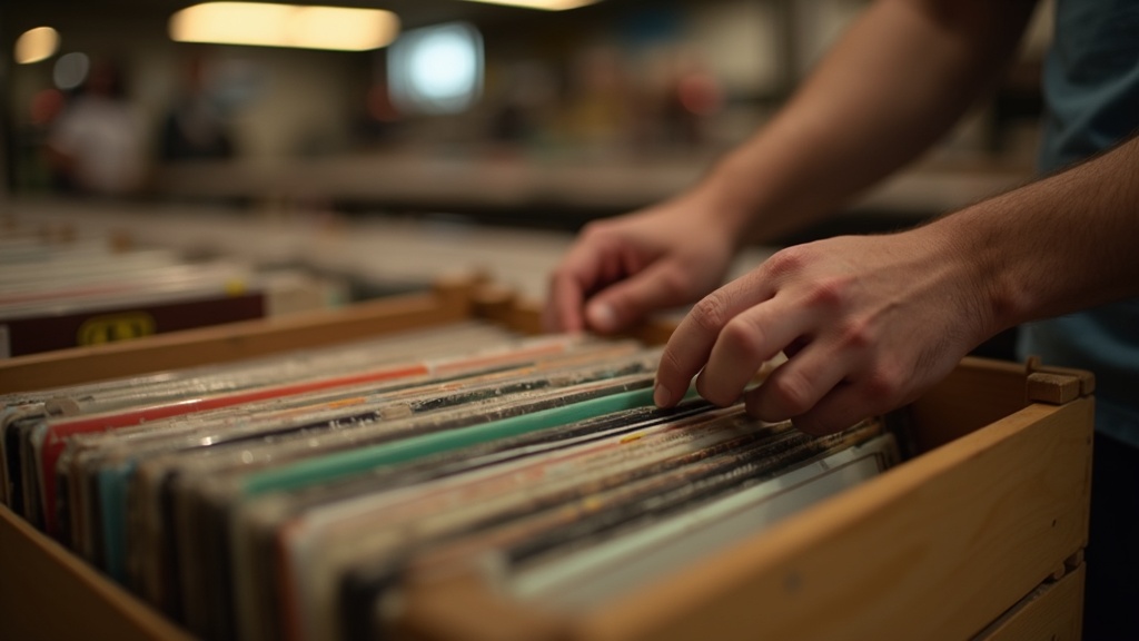 レコードショップで棚から1枚ずつ丁寧にレコードを選ぶ手元