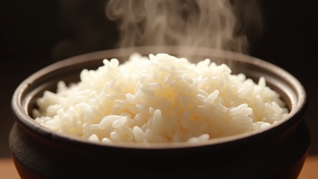 高級炊飯器の厚い鉄製内釜に炊き上がった粒立ちの美しい白米のクローズアップ