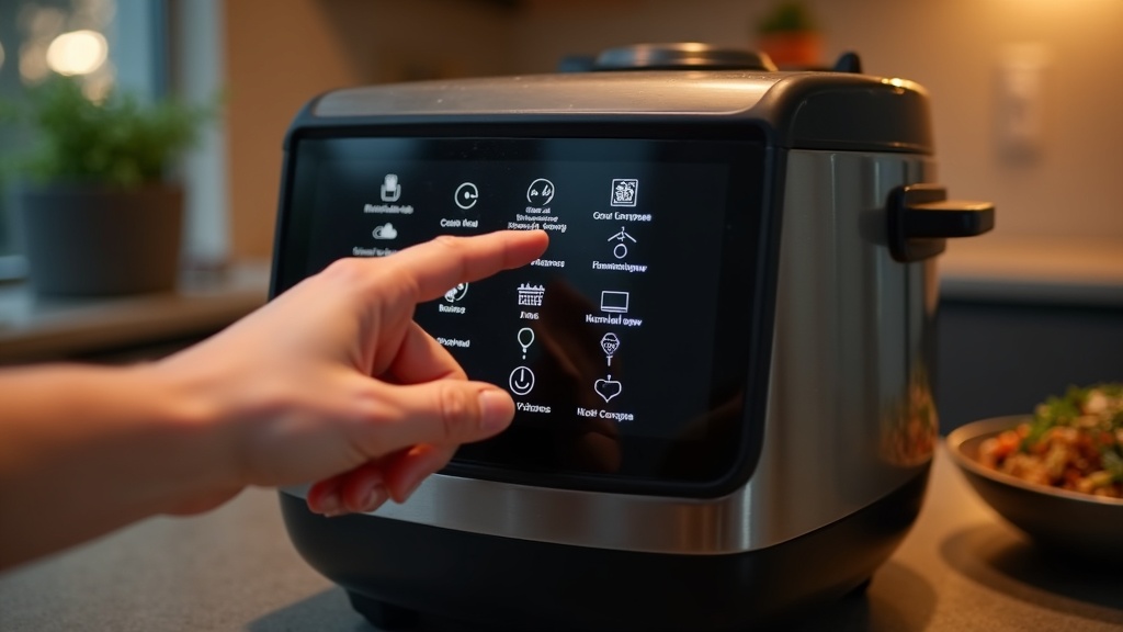 高級炊飯器のタッチパネルで炊き分けモードを選択する操作シーン