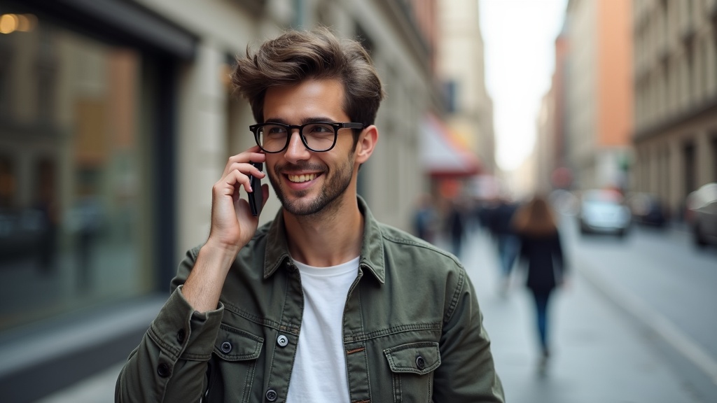 クラシックフレームのオーディオ型スマートグラスで街中でハンズフリー通話をする人物