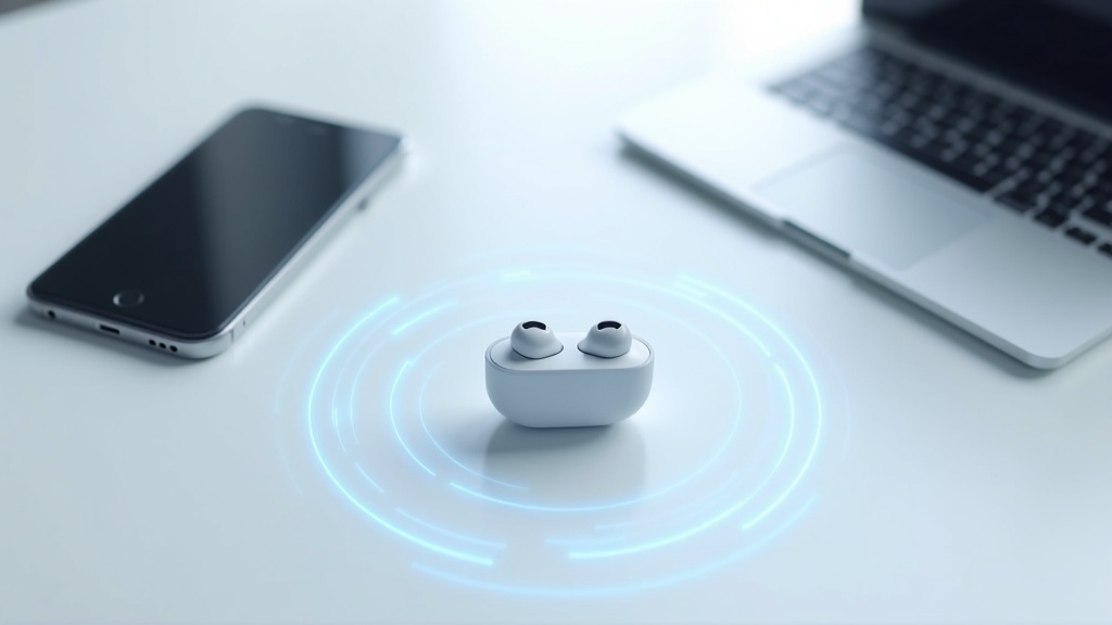 1台のワイヤレスイヤホンがスマートフォンとPCの2台に同時Bluetooth接続されているイメージ