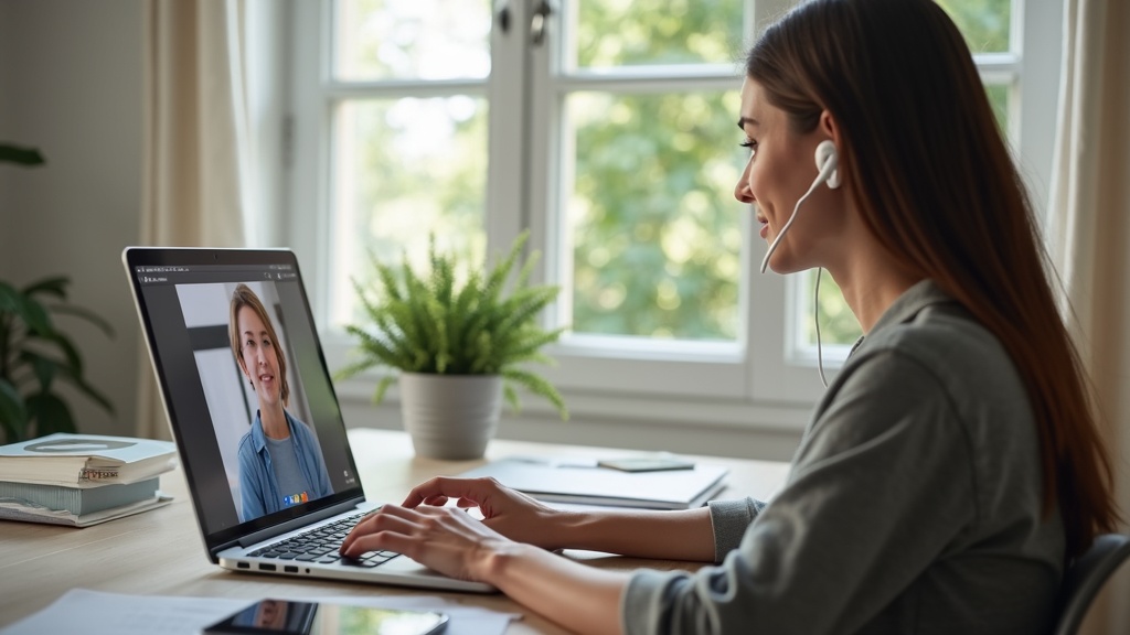 テレワーク中にマルチポイントイヤホンでWeb会議とスマホ通話を切り替えながら作業する様子