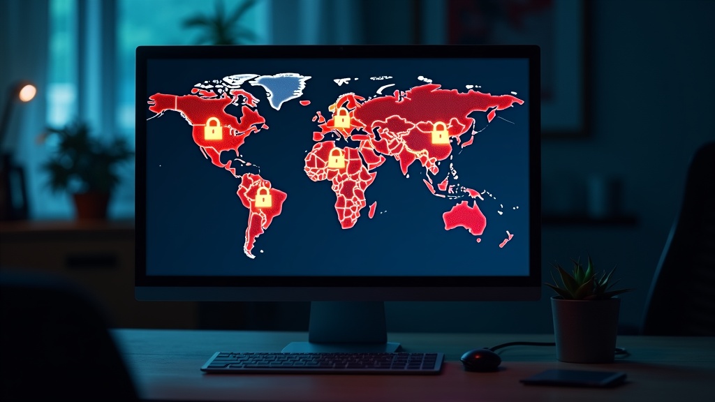 世界地図でインターネット規制が厳しい国（中国・中東・ロシア）をハイライト表示した画面